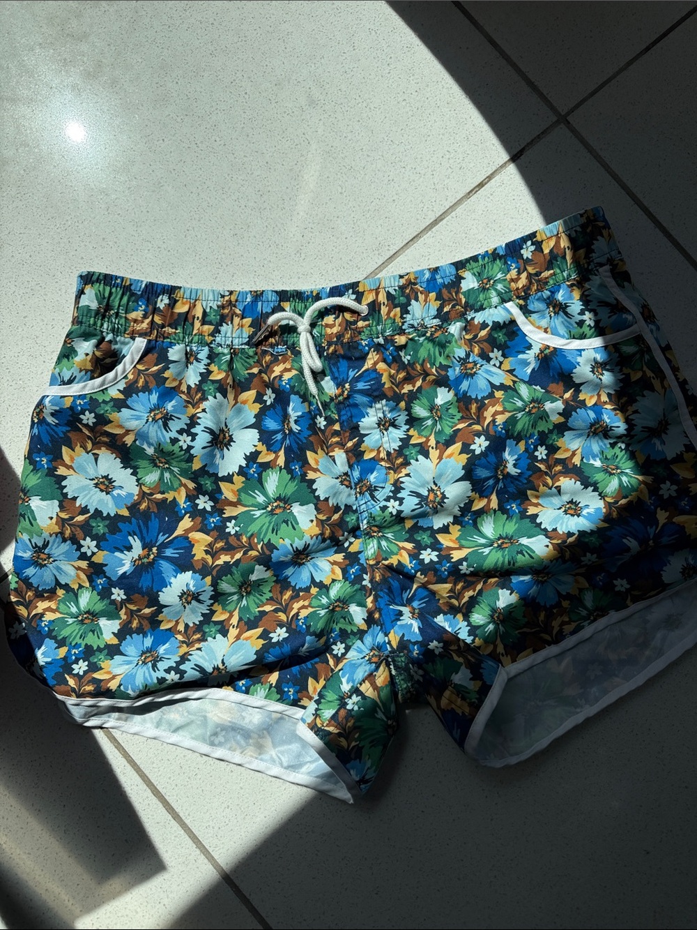 Floral Drawstring Swim Surf Shorts in Blue, Green, Brown